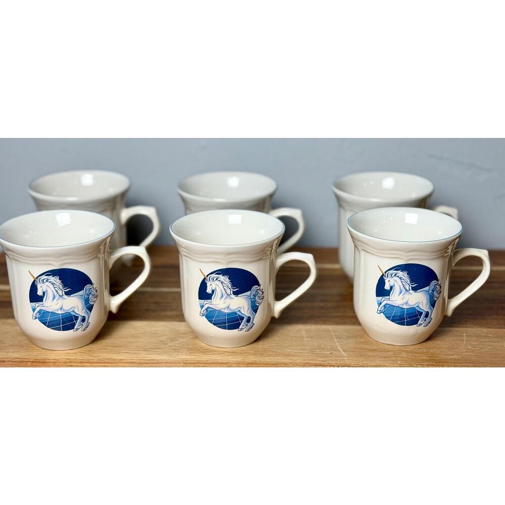 Vintage Unicorn Set of 6 | 1980s Blue & White Fantasy Coffee| Unicorn and Stars - Picture 5 of 11